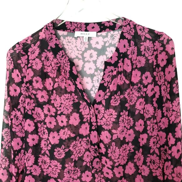 MILLY Blouse Shirt Size 2 Pink Black Brooke Floral Print Chiffon - Picture 2 of 10